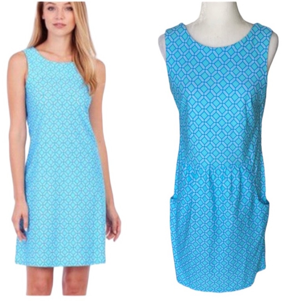 Jude Connally Mary Pat Sleeveless Blue Geometric Slip Drop Waist Mini Dress - L